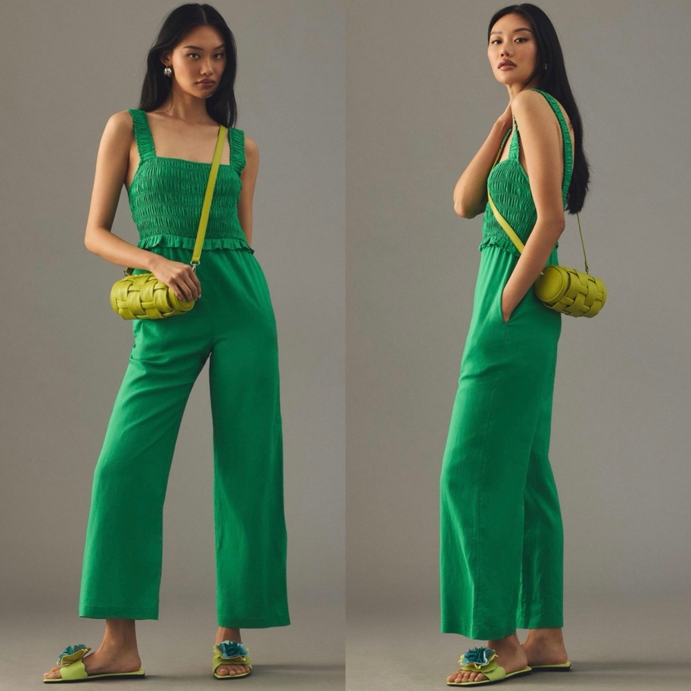 Anthropologie If By Sea Smocked Linen Square Neck Jumpsuit Green